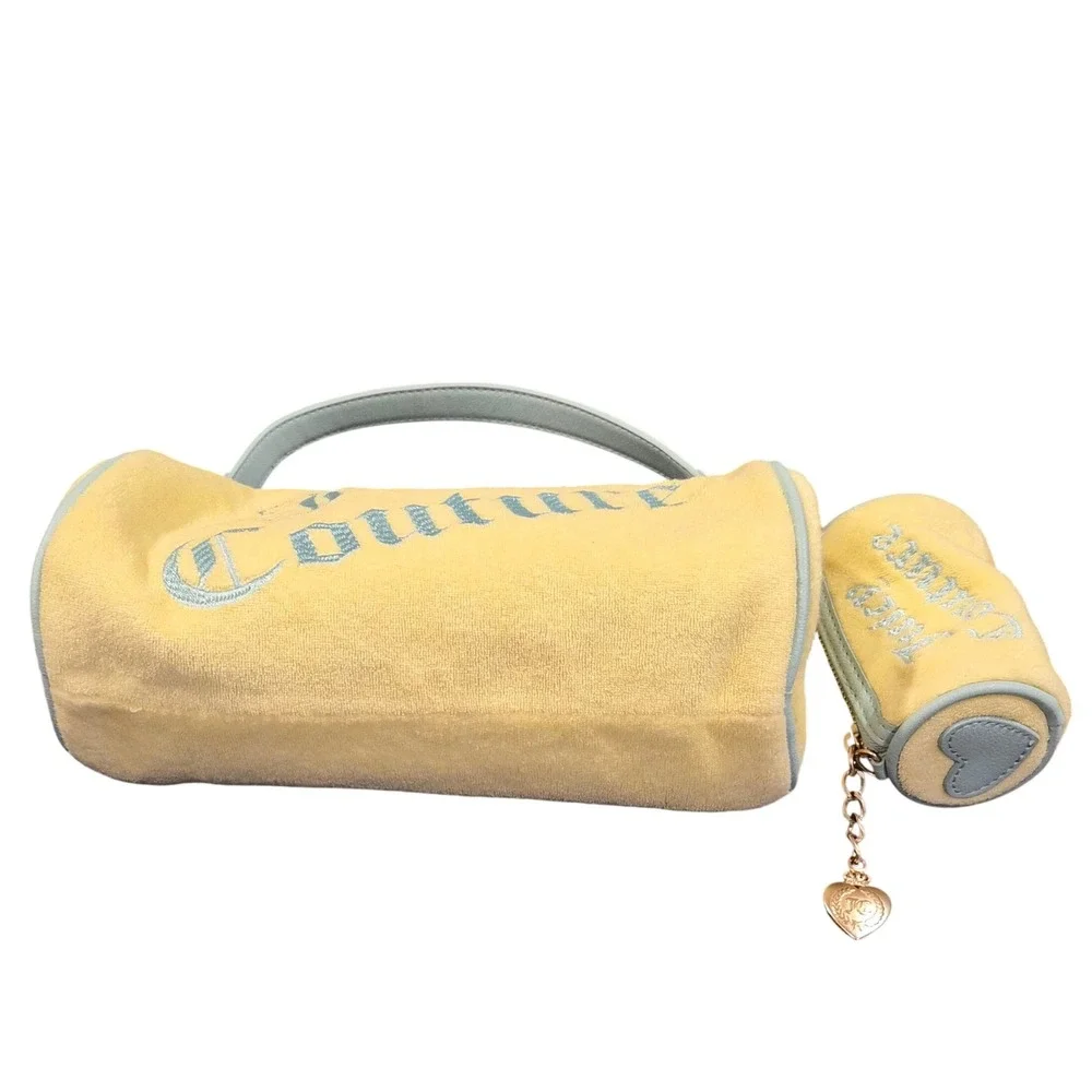 Juicy Couture Yellow Velour Barrel Bag with Mini Pouch Set Blue Trim Y2K Style